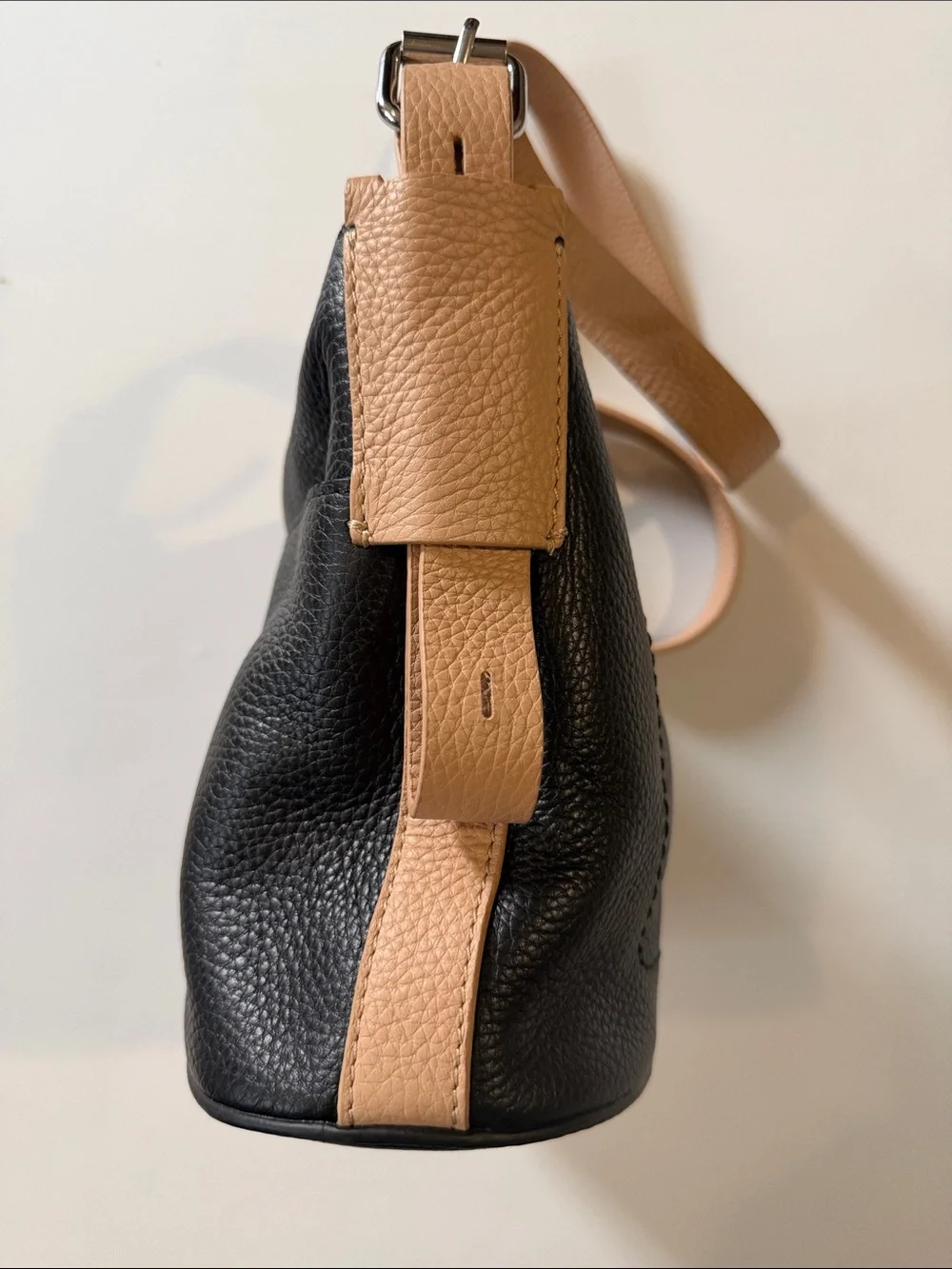 Black Pebbled Crossbody with Tan Strap
